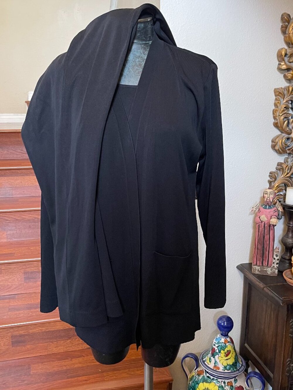 VTG Exclusive Misook 3 Piece Knit Black Pant Set: Pants Open Jacket & Top Large